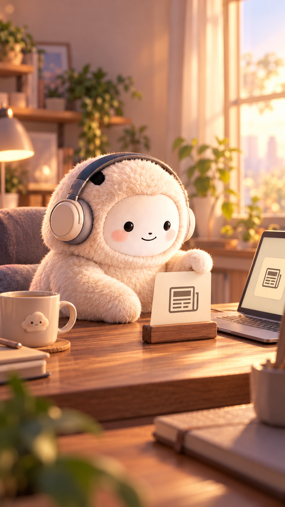 ヘッドホンをつけたMuseくんが、机でひとつの仕事に向き合う