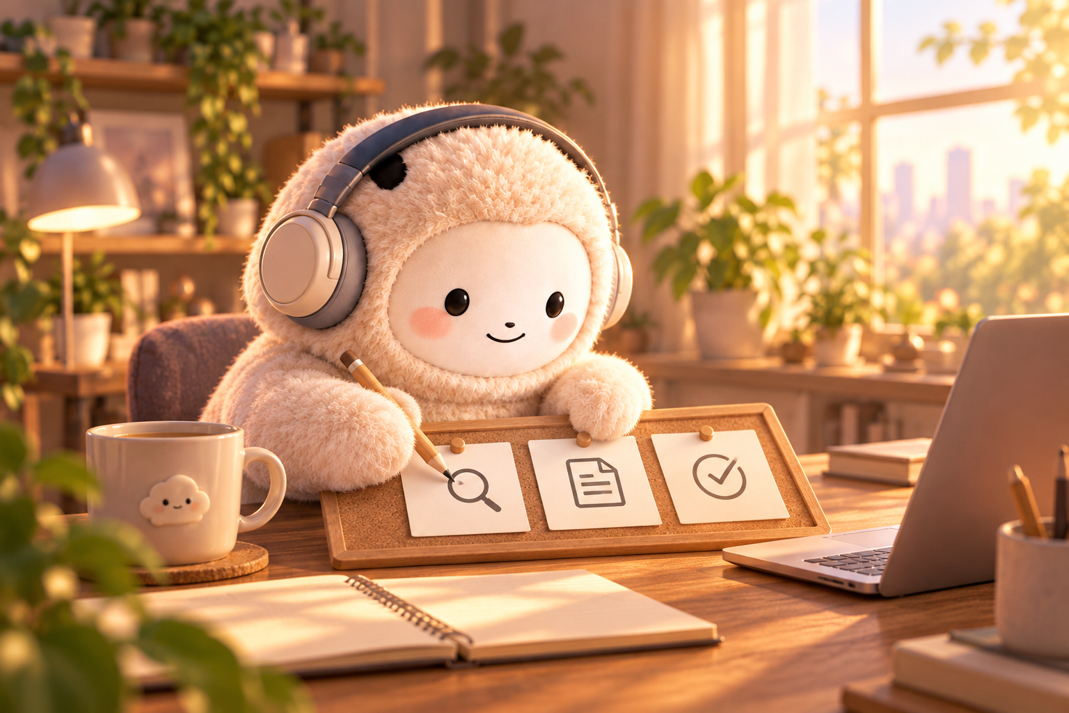 Museくんが、調べる・書く・確認するを表すカードを並べて計画する