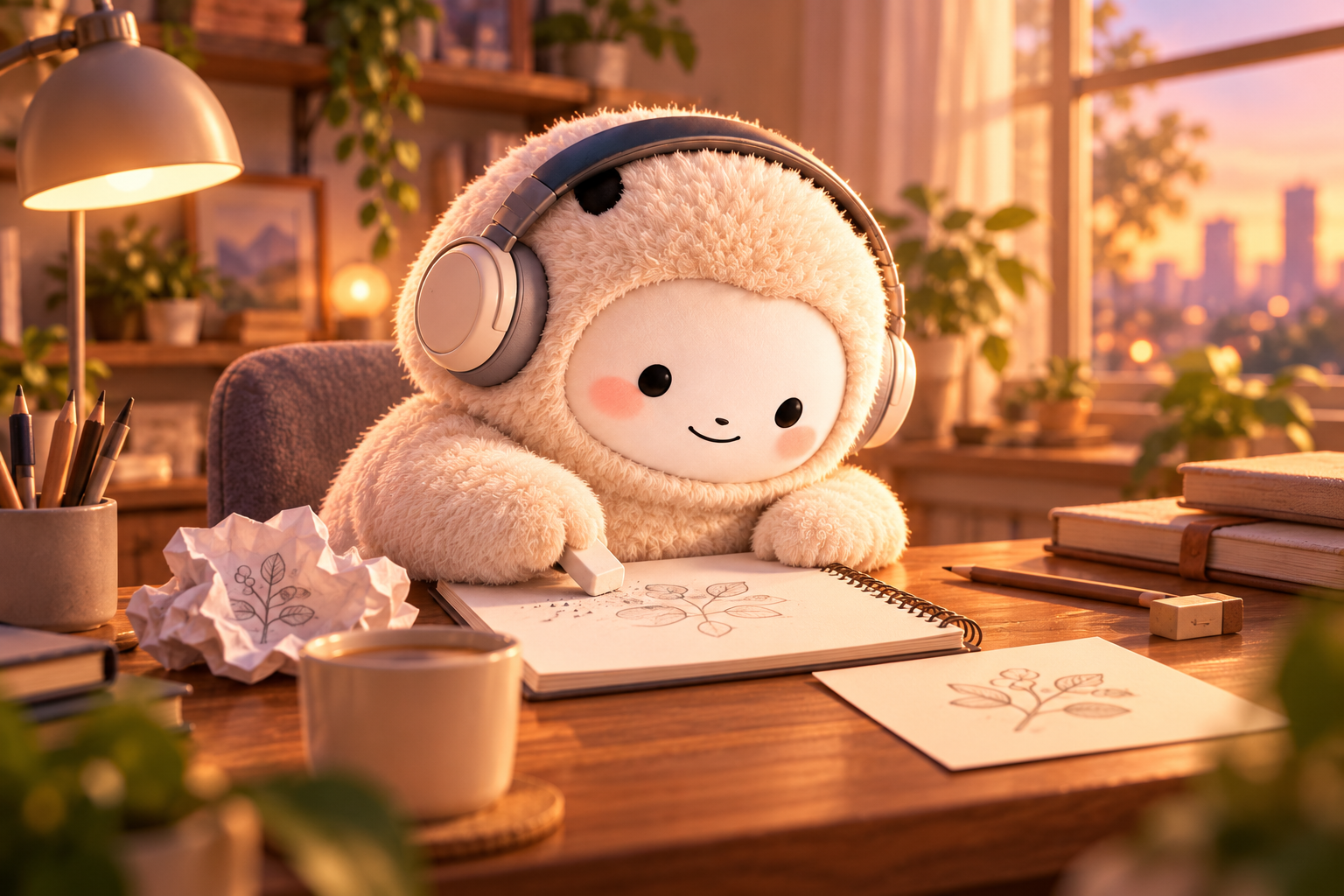 Museくんがノートの間違いを消し、別の紙に描き直している